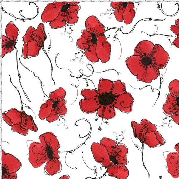 Lady In Red Poppies White Fabric from Loralie Designs Whimsical Red Poppies Free-floating, Quilting cotton 100% cotton