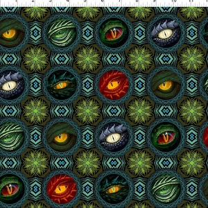 May include: A repeating pattern of green, red, and blue dragon eyes on a dark green background. The eyes are surrounded by a Celtic knot design.