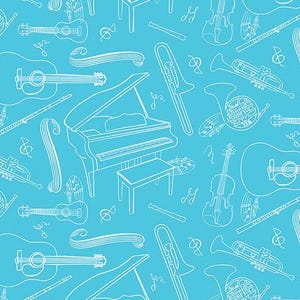 May include: A seamless pattern featuring various musical instruments in white outlines on a light blue background. The instruments include a grand piano, a violin, a trumpet, a french horn, a flute, and two acoustic guitars.