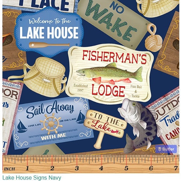 Lake House Signs Navy from the Sail Away Collection by Andi Metz for Benartex, Cotton Quilt Fabric, Camp Fabric, 100% Quilt Cotton, 1443756B