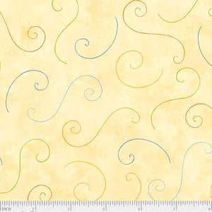 May include: A seamless fabric pattern with a light yellow background and a repeating pattern of green, blue, and orange swirls.