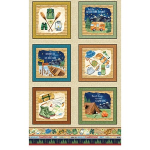 May include: A fabric panel with a camping theme. It features six different scenes with illustrations of camping equipment, nature, and text. The text includes "Let the adventure begin!" and "The best days are spent camping". The panel measures approximately 61 cm by 112 cm.