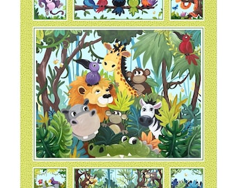 Panel de tela "Amigos de la jungla" de 91 x 109 cm, de Susybee Fabrics de Clothworks. Regalo para baby shower, para niños o niñas, animales de safari, acolchado.