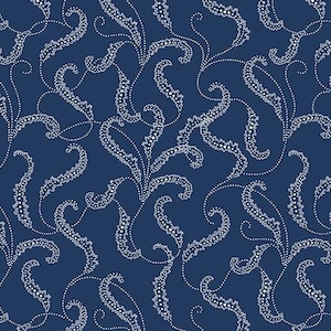 May include: A seamless pattern featuring white stylized floral designs on a dark blue background. The pattern is made up of repeating swirls and leaves.