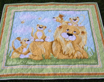 Medium Green Lyon the Lion Crib Quilt or Play Mat, Great for Baby Shower or Birthday, Baby Boy, Gift Idea ~35 x 42