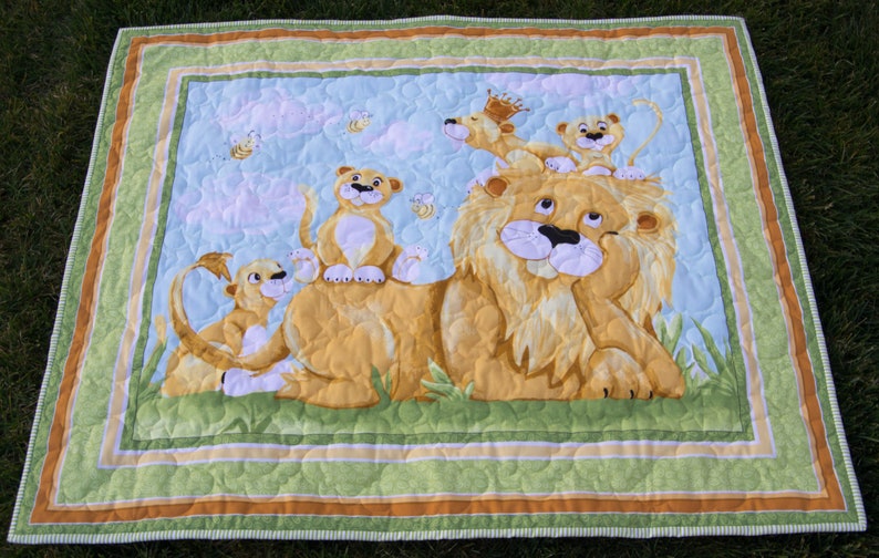 Medium Green Lyon the Lion Crib Quilt or Play Mat, Great for Baby Shower or Birthday, Baby Boy, Gift Idea 35 x 42 image 1