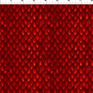 May include: Red dragon scale pattern fabric with a textured, slightly shiny finish.