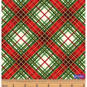 Christmas Musical, Plaid Multi -Green, Red, & Gold from Benartex, Digital Print, Holidays, Border Fabric, Quilting Cotton