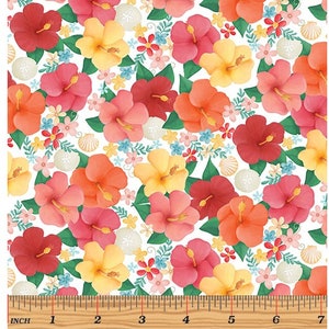 May include: A white fabric with a repeating pattern of pink, red, yellow, and orange hibiscus flowers. The fabric also has small white seashells and blue flowers scattered throughout. The fabric is labeled "Aloha Floral White".