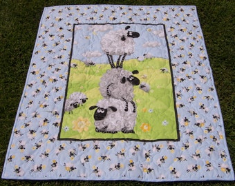 Lewe the Ewe Cheerful Toddler or Baby Boys Toddler Boys Minky Blanket Quilt Toddler Birthday Gift, Holidays or Baby Shower, Baby Blue