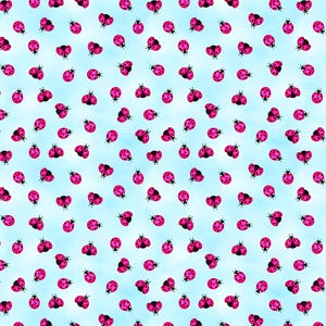 May include: A seamless pattern of pink ladybugs on a light blue background. The ladybugs are arranged in a random pattern and are all facing the same direction.