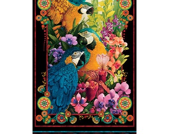 Parrot Habitat by David Galchutt for Benartex Fabrics colorful Parrots and Tropical theme 24" x 43" Panel 100% Quilt Cotton