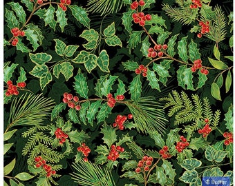 May include: A black fabric with a repeating pattern of green holly leaves and red berries. The fabric has a gold metallic sheen. The fabric is measured with a ruler in inches. The text "Holly & Berries Black" is printed below the ruler.