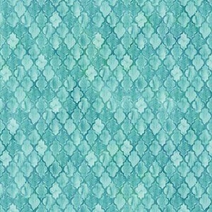 May include: A teal-colored fabric with a repeating pattern of stylized quatrefoil shapes. The design has a watercolor effect, with variations in tone creating a textured appearance. The overall aesthetic is reminiscent of a Moroccan tile design.