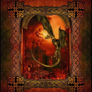 May include: A green dragon with red eyes flies through a fiery archway. The dragon is surrounded by flames and smoke. The archway is made of stone and has a Celtic knot design. The background is a dark red.