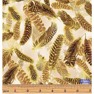 Gilded Feathers Neutral By Kanvas Studio For Benartex Cut to Order, Great for Quilting, Metallic