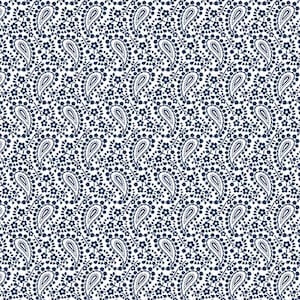 May include: A seamless pattern featuring a repeating design of blue paisley shapes and small white flowers on a white background.