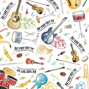 May include: A colorful illustration of musical instruments, including a guitar, violin, drums, a french horn, a clarinet, and a trumpet. The instruments are arranged in a random pattern on a white background with musical notes.