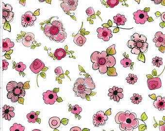 Love Your Look Salon Parlor Posies White Fabric from Loralie Designs Whimsical Flowers, Pink Flowers, Floral Fabric Print, Quilting cotton