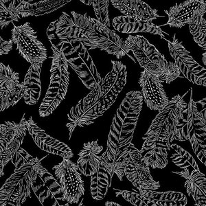 Gilded Feathers Black & Silver By Kanvas Studio For Benartex Cut to Order, Great for Quilting, Metallic
