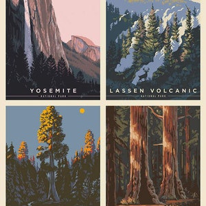May include: A collage of four vintage-style travel posters featuring national parks in the United States. The top left poster shows a view of Yosemite National Park with a waterfall and mountains. The top right poster shows a view of Lassen Volcanic National Park with a forest and a deer. The bottom left poster shows a view of Sequoia National Park with a giant sequoia tree. The bottom right poster shows a view of Redwood National Park with a grove of redwood trees.