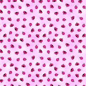 May include: A pink background with a repeating pattern of pink ladybugs. The ladybugs are all facing the same direction and have black spots.