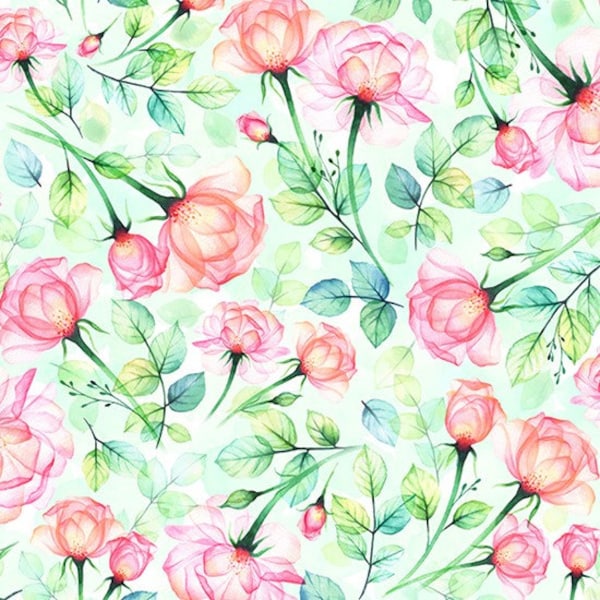 Brilliant Blooms Rose from Hoffman California Spectrum Digital Print, Beautiful Floral Print in Pink & Sherbet, Floral Quilting Cotton