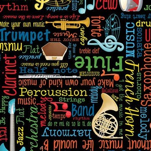 May include: A black background with colorful text and musical instruments. The text includes words like "music", "rhythm", "trumpet", "flute", "percussion", "band", and "harmony". The instruments include a trumpet, a flute, a French horn, a drum, and a guitar.