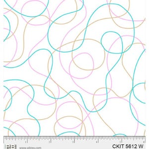 May include: White fabric with a repeating pattern of flowing lines in teal, pink, and tan. The lines overlap and create a dynamic, abstract design. A ruler is at the bottom. The text "CKIT 5612 W" is in the bottom right corner.