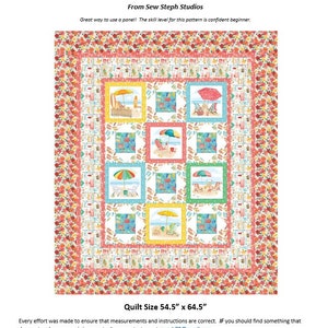 May include: A quilt pattern called "Squared Up" from Sew Steph Studios. The pattern features a beach theme with colorful umbrellas, beach chairs, and flip flops. The quilt is 54.5 inches by 64.5 inches.