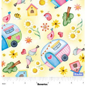 Sunshine Campers on Yellow from Sunshine Days, designed by Nicole Decamp for Benartex Fabrics Cotton, Bees, Daisies, Springtime