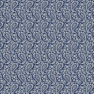 May include: A seamless pattern featuring white paisley shapes and small floral designs on a dark blue background.