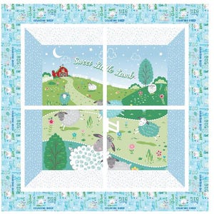 May include: A patchwork quilt featuring a pastoral scene with sheep, a red barn, and the text "Sweet Little Lamb." The quilt has a blue border with sheep and the words "Counting Sheep" and "Sweet Hugs." The central design is divided into four sections.