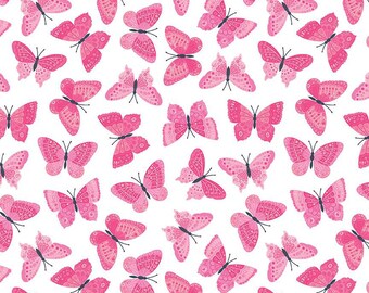 Strength in Pink Butterflies on White, Breast Cancer Awareness, Pink Ribbons, Riley Blake, Quilting cotton