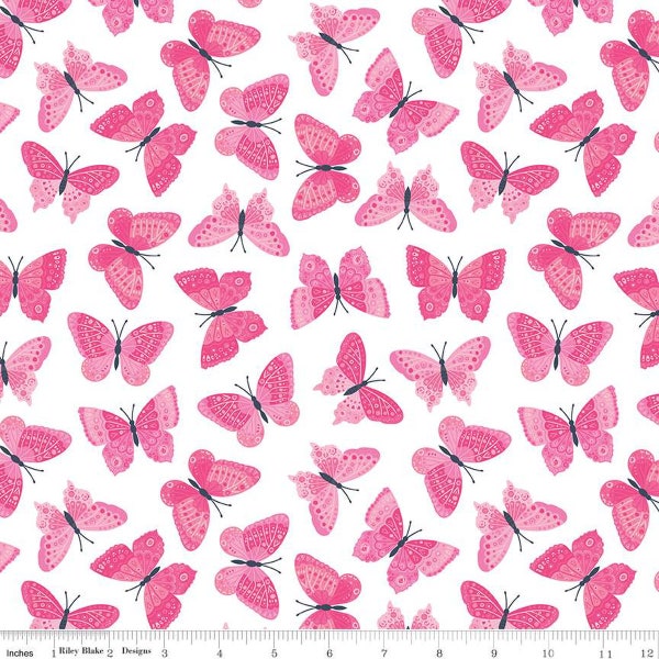 Strength in Pink Butterflies on White, Breast Cancer Awareness, Pink Ribbons, Riley Blake, Quilting cotton