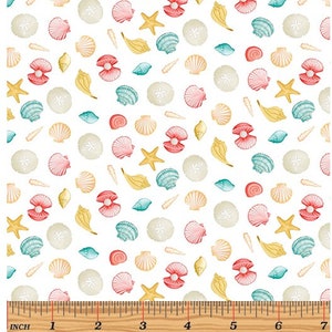 May include: A white fabric with a repeating pattern of seashells, starfish, and sand dollars. The fabric is labeled "Seashell Paradise White".