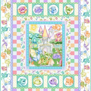 May include: A colorful quilt featuring a fantasy theme with dragons and a castle. The quilt has a central panel with a castle scene, surrounded by dragon illustrations and a patchwork border in pastel colors. The overall design is whimsical and child-friendly.