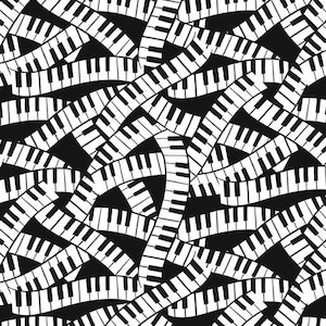 May include: A black and white pattern featuring piano keys. The keys are arranged in a swirling, overlapping design, creating a visually dynamic and musical theme. The contrasting colors and repeating pattern make it suitable for various applications.