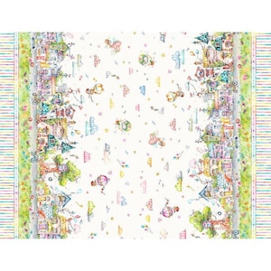 May include: A white fabric with a repeating pattern of colorful houses, clouds, hearts, and hot air balloons. The houses are lined up along the bottom and top edges of the fabric. The pattern is whimsical and charming.