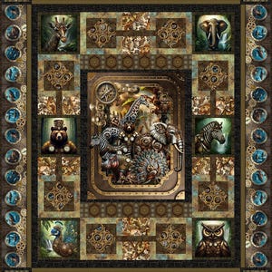 May include: A steampunk-themed quilt featuring various animals, including a giraffe, elephant, zebra, bear, peacock, and owl. The quilt has a brown and teal color scheme with intricate clockwork and gear designs. The central panel showcases a group of animals with mechanical details.
