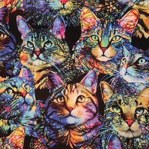 May include: A vibrant, colorful pattern featuring multiple cat faces. The cats have intricate designs in shades of blue, purple, yellow, and orange, creating a stained-glass effect. The background is black, making the colors pop.