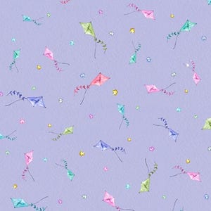 May include: A seamless pattern featuring colorful kites flying against a light purple background. The kites are drawn in a watercolor style and are scattered randomly across the pattern. There are also small yellow stars scattered throughout the pattern.