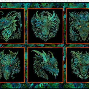 May include: A digital collage of nine square images featuring green and blue dragon and wolf heads with intricate designs on a black background.