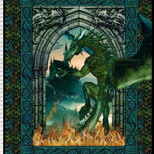 May include: A green dragon with large wings emerges from a stone archway, surrounded by flames. The dragon is in front of a castle with towers and a dark sky. The image is framed with a green and blue border.