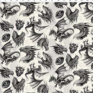 May include: A black and white repeating pattern featuring a variety of dragon illustrations. The dragons are depicted in various poses, including flying, breathing fire, and looking fierce. The background is a light gray color.