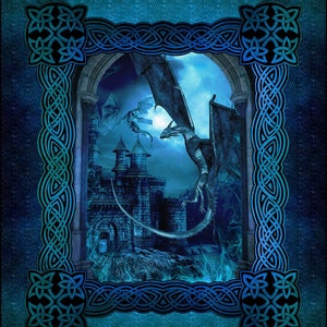 May include: A blue dragon flies through a dark blue archway with a stone castle in the background. The archway is framed by a Celtic knot border.