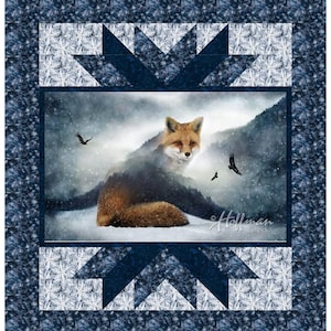 May include: A red fox sits in a snowy forest with a misty background. Two birds fly overhead. The image is framed with a blue and white geometric pattern. "Hoffman Fabrics" is printed in the bottom right corner.