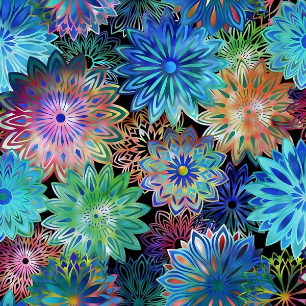 Vibrant Dazzle Blue Floral Print by Jason Yenter for In the Beginning Fabrics, Digital Print, Quilting Cotton