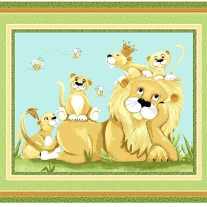 May include: A cartoon illustration of a lion family with a blue background. The lion family is made up of a large lion with a crown on its head, a lioness, and two cubs. The lion family is surrounded by bees.