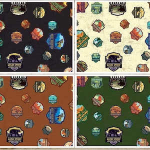 National Parks Badges on Cream, Black, Lt Brown, and Green, Quilting, Sewing, Masks, Coordinating Fabrics Zion, Sequoia, Sedona, Yosemite